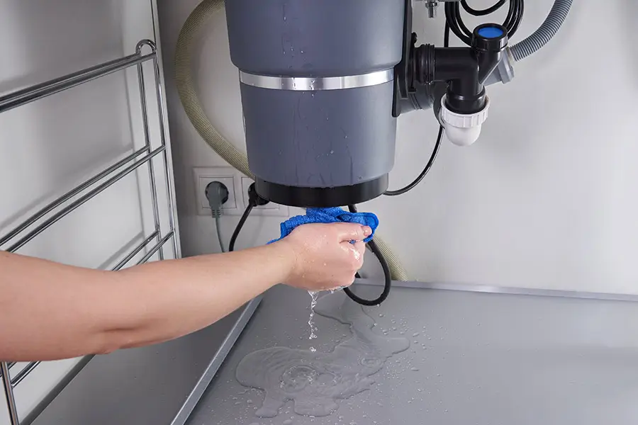 Plumber fixing leak under kitchen sink