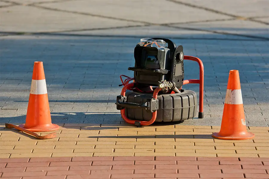 Sewer inspection camera beside traffic cones